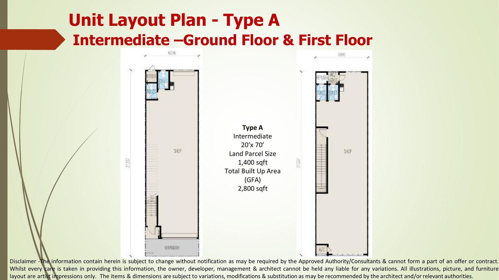 Official sales-kit layout plan for Type A Intermediate, showing the ground floor and first floor